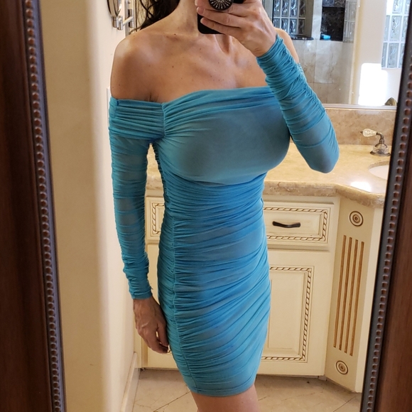 BEBE turquoise ruched off-shoulder dress, XS - Picture 3 of 16